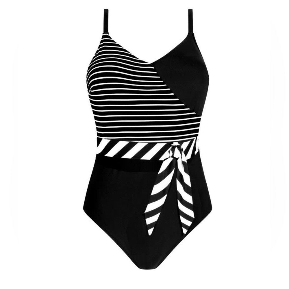 Amoena Infinity Pool Swimsuit Stripe Black White Chic Tie Belt Design